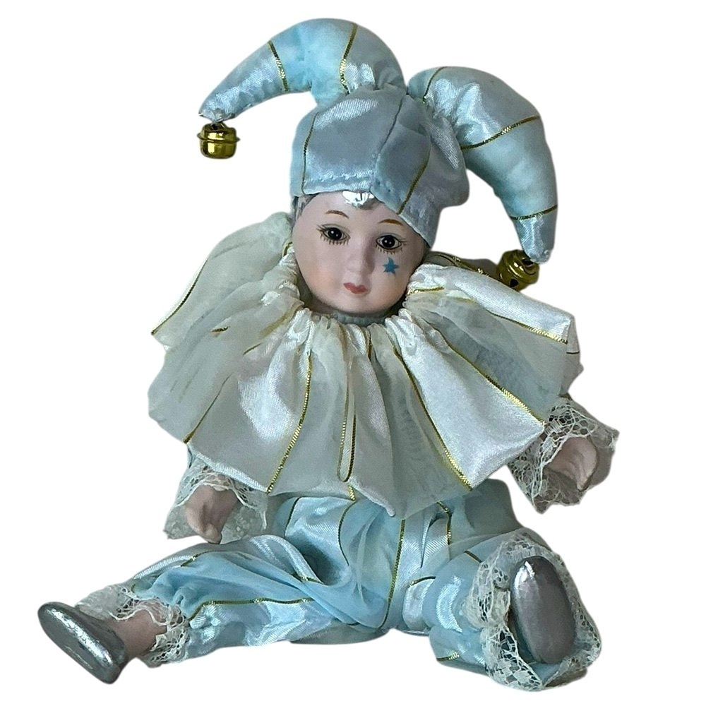 Porcelain Jester Harlequin Doll Blue Gold Silver Vintage Collectible 6 Inch